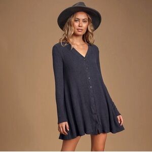 Lulus Sweet Comfort Heather Navy Blue Button-Up Sweater Dress - Size Medium